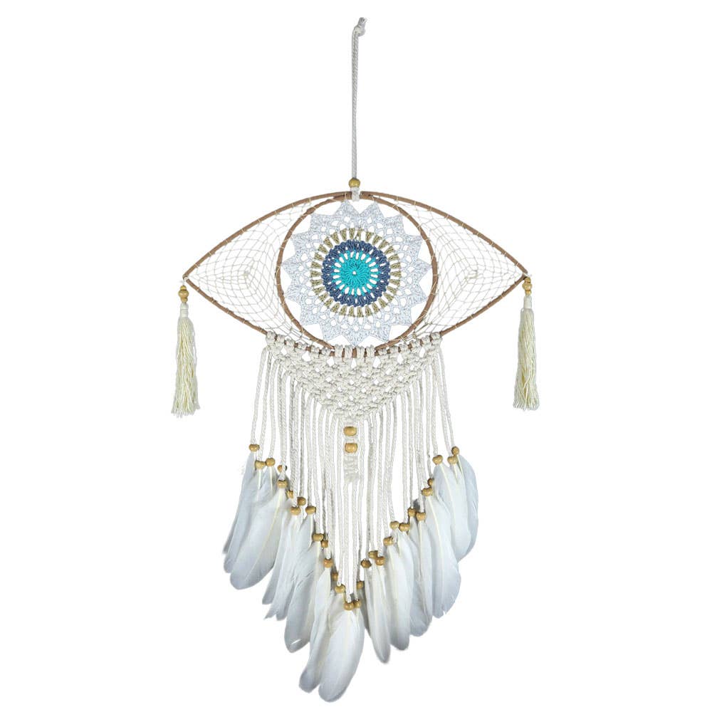 Blue and White Dreamcatcher with Crochet Eye