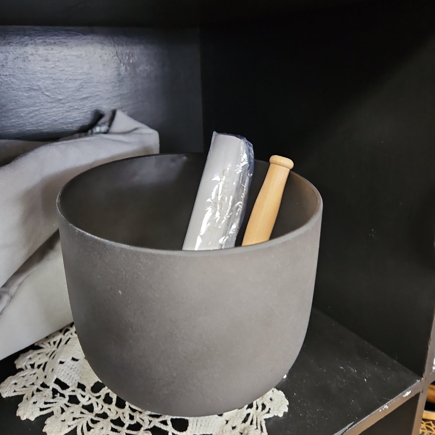 Black Crystal Singing Bowl with Carrying Case - Note G (448)