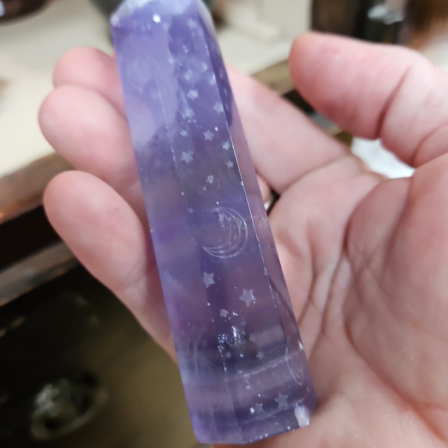 Rainbow Flourite Tower - Ecthed Stars and Moons