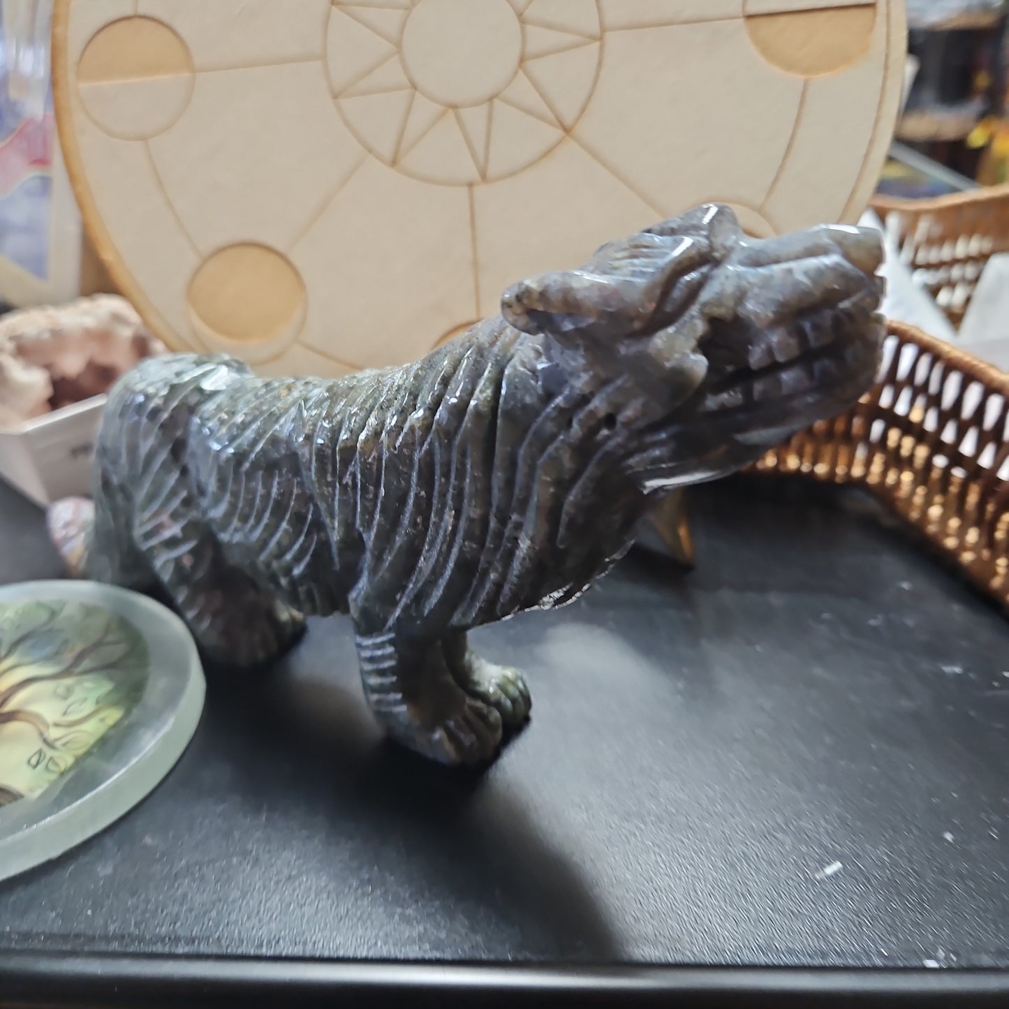 Fancy Jasper Full Body Carved Wolf 8” and 4” with tiny druzy