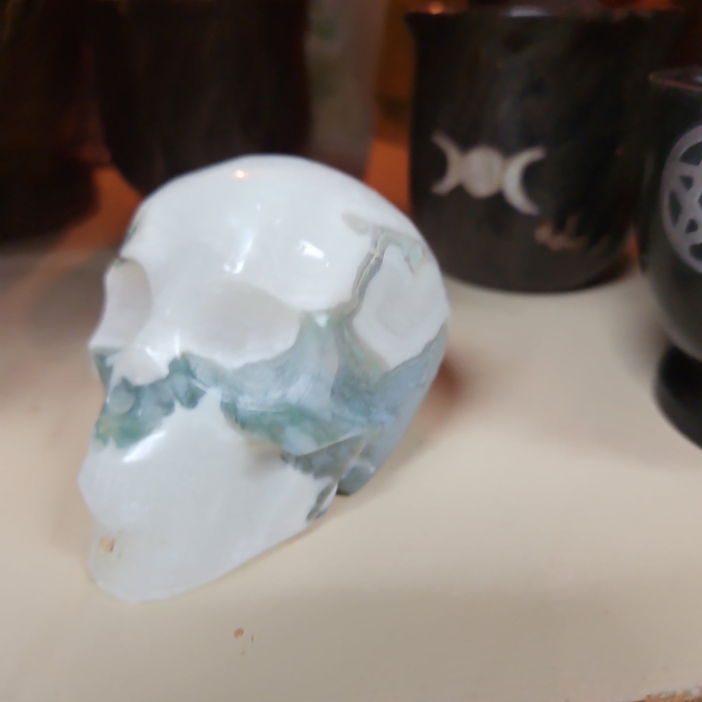 Tree Agate Druzy Skull 2 1/2 by 3”