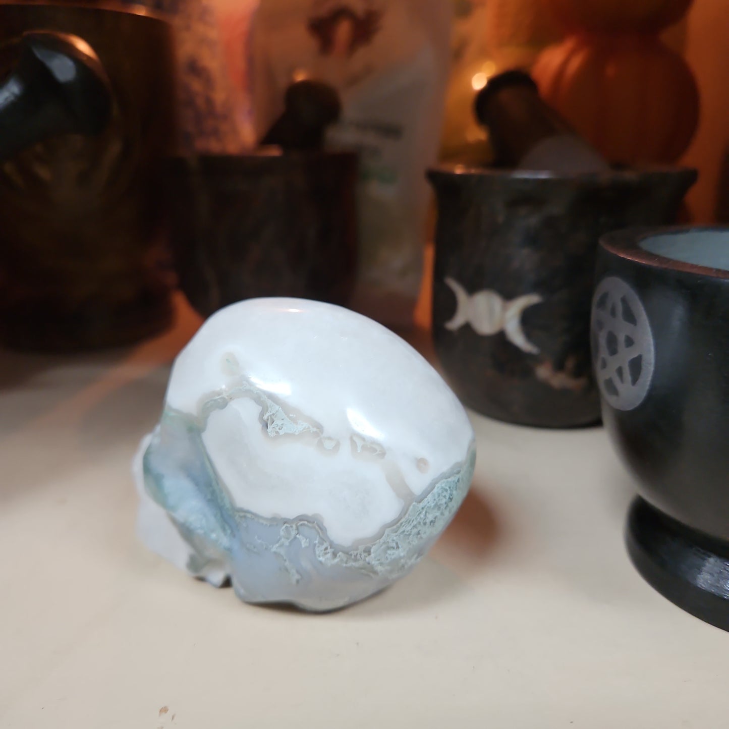 Tree Agate Druzy Skull 2 1/2 by 3”