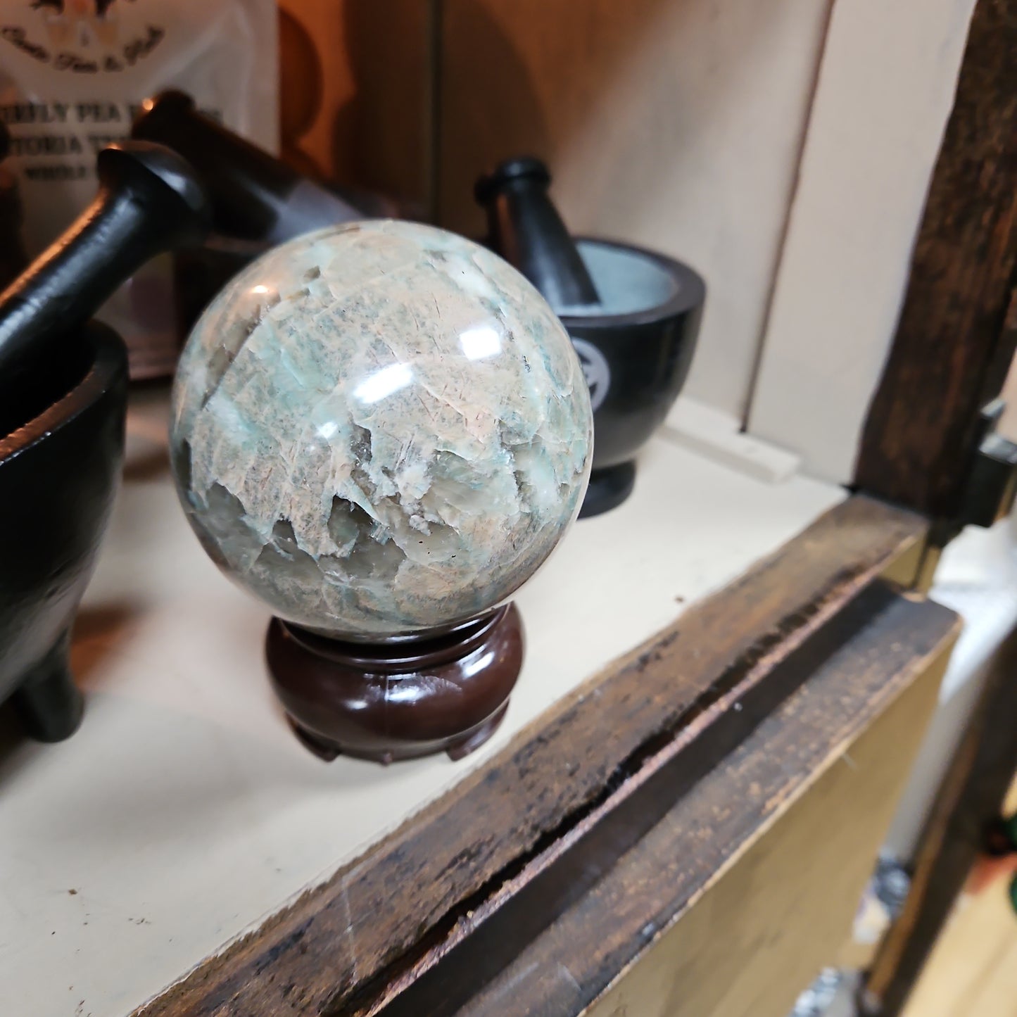 Garnierite ( Green Moonstone ) with some Smokey Quartz and stand