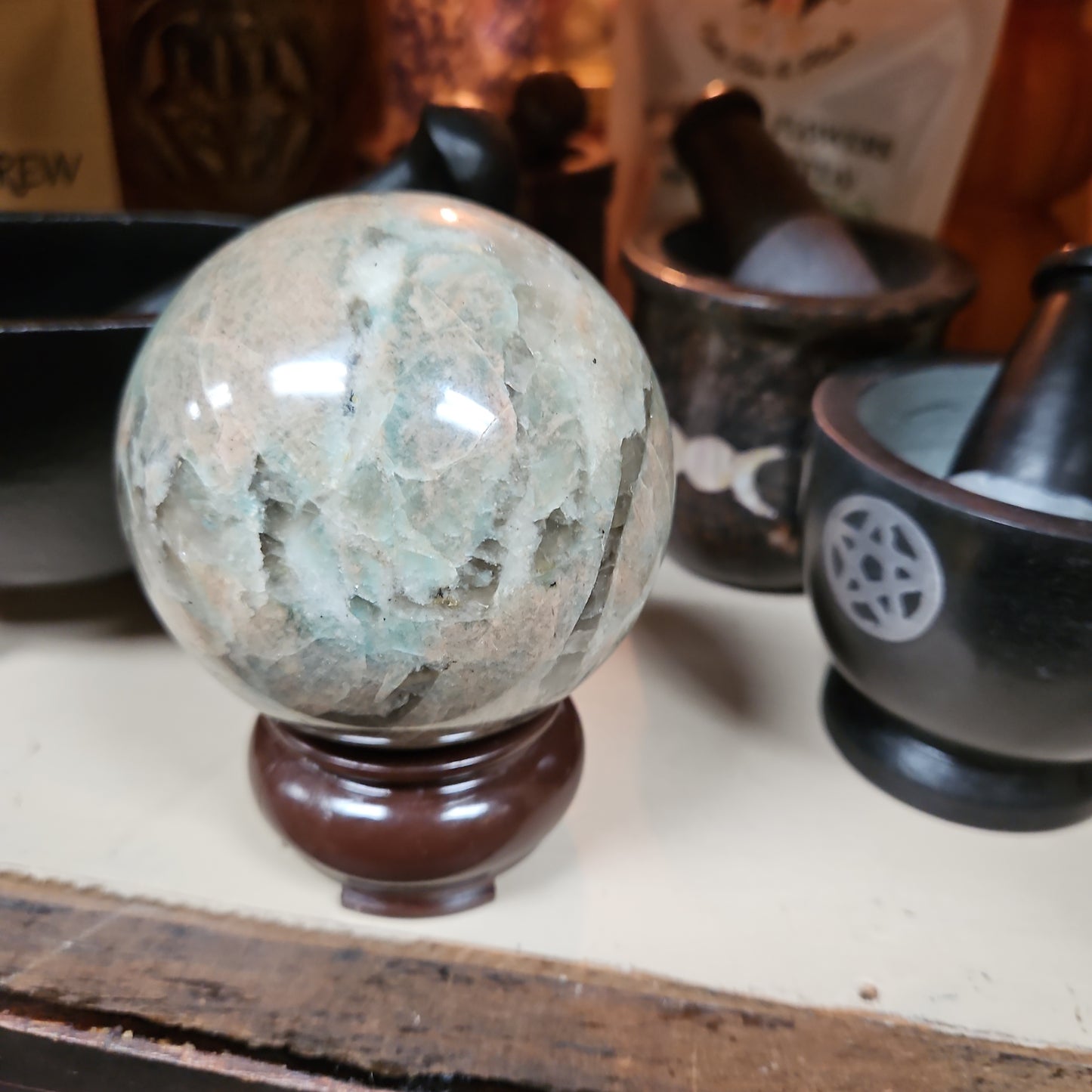 Garnierite ( Green Moonstone ) with some Smokey Quartz and stand