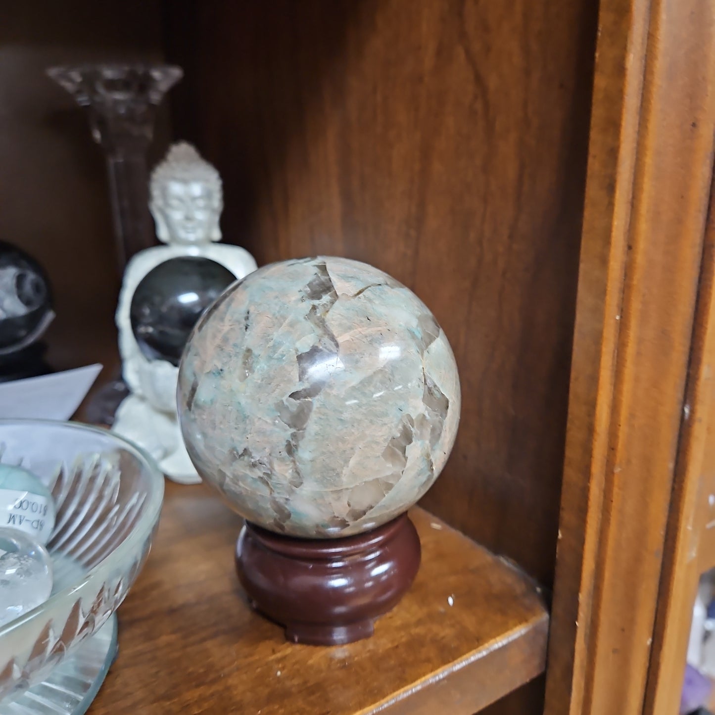 Garnierite ( Green Moonstone ) with some Smokey Quartz and stand