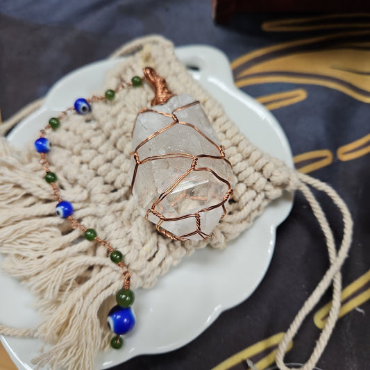 Handmade Wire Wrap Copper and Large Quartz and Jade Pendulum