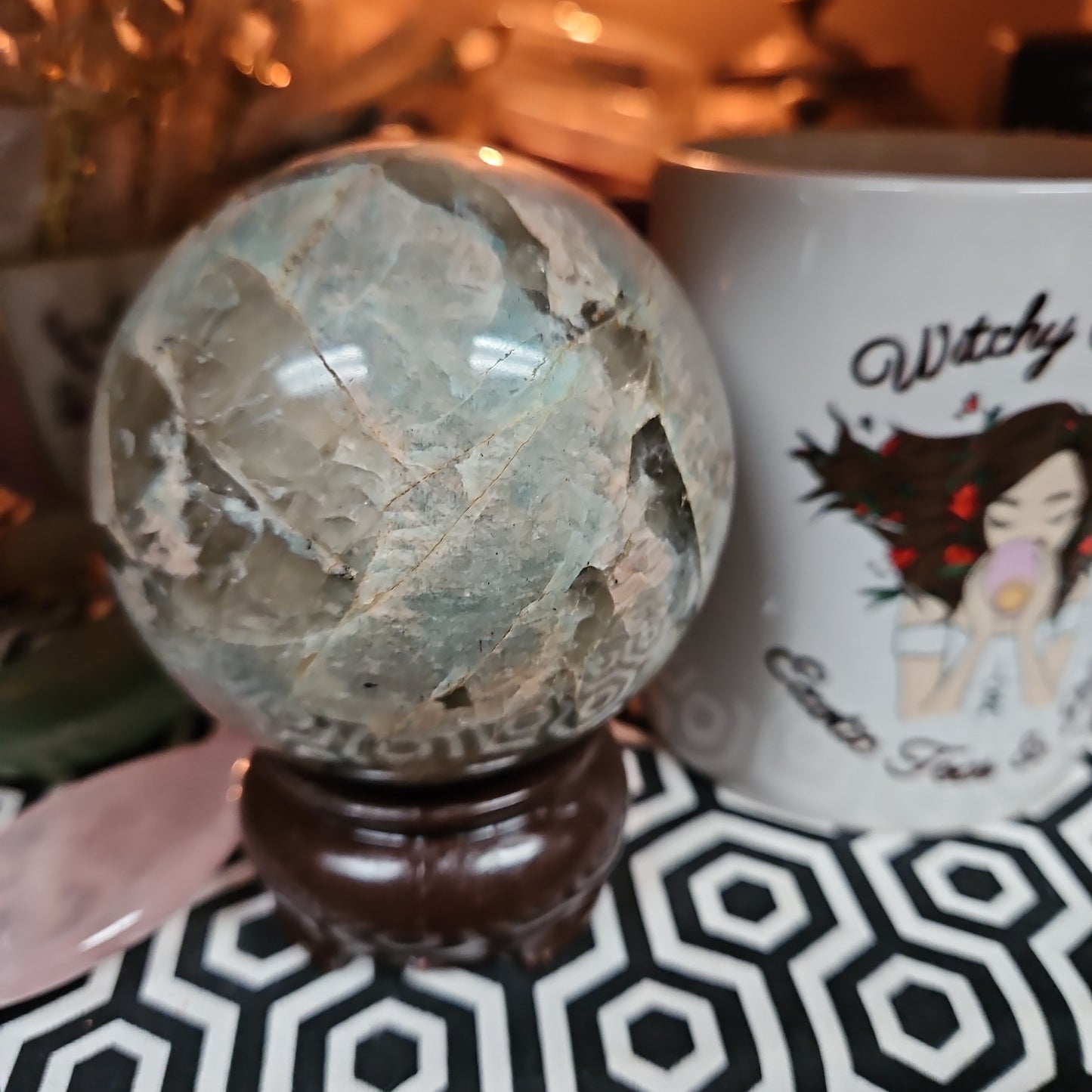 Garnierite ( Green Moonstone ) and Smokey Quartz Veins Sphere with stand