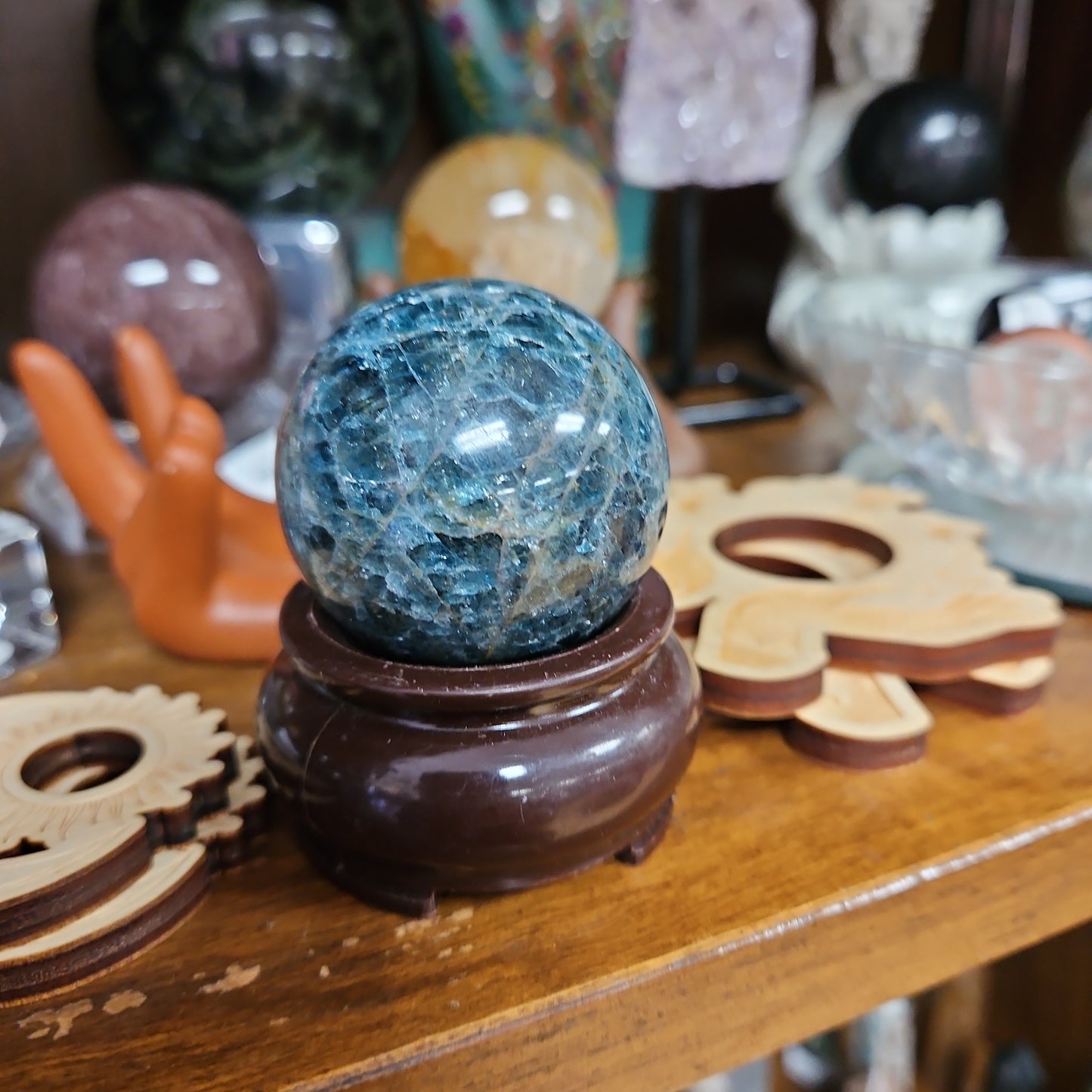 Blue Apatite Sphere with stand 2"