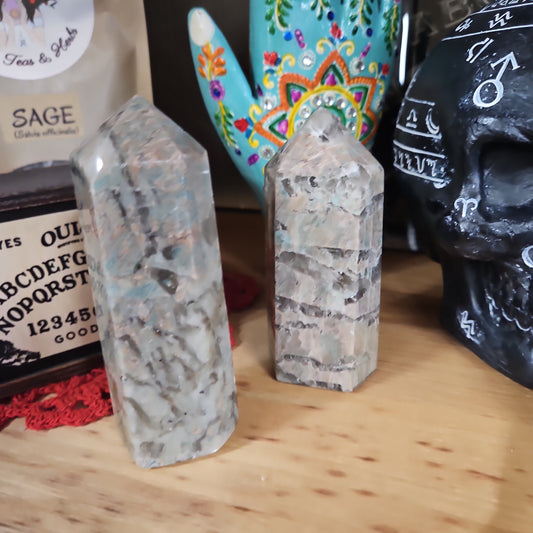 Garnierite ( Green Moonstone ) with some Smokey Quartz Tower