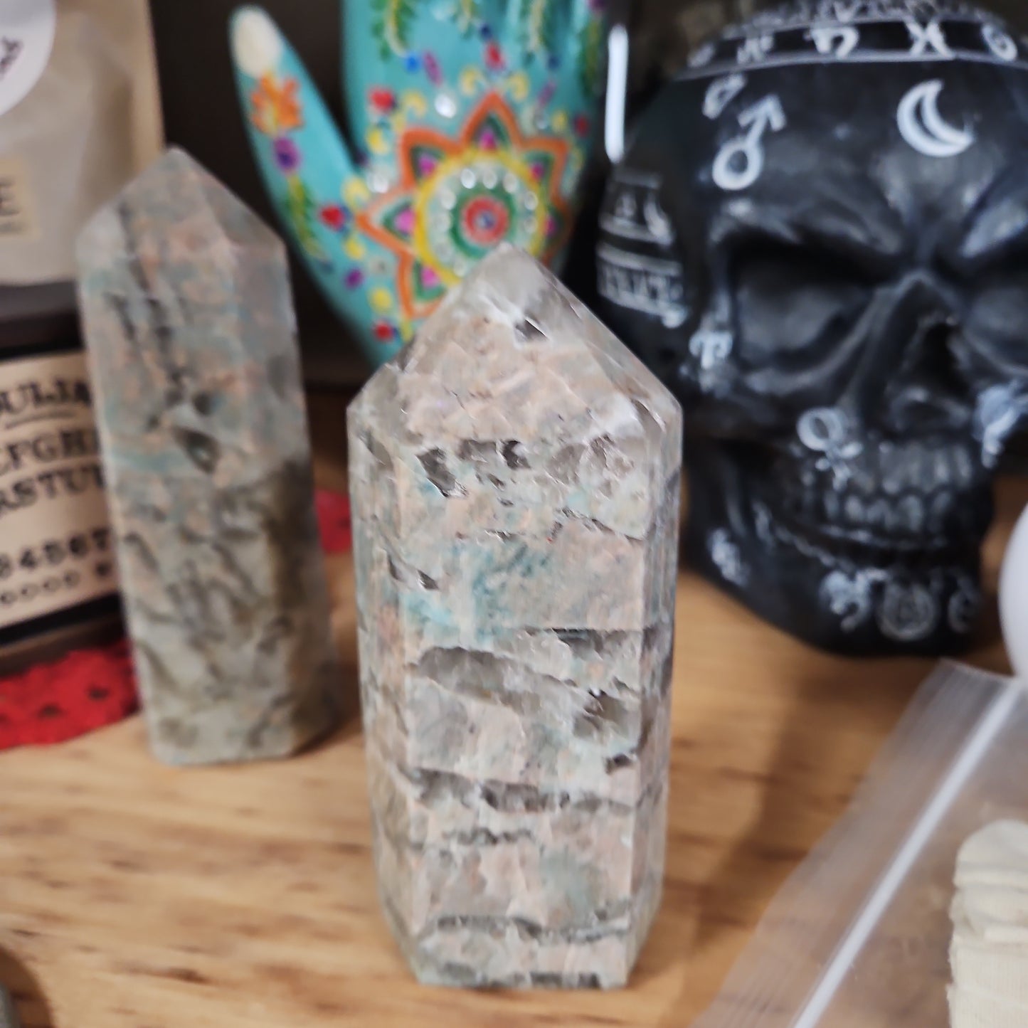 Garnierite ( Green Moonstone ) with some Smokey Quartz Tower
