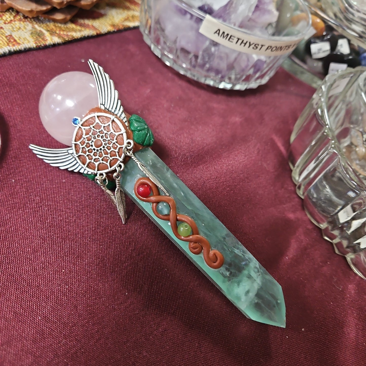 Handmade Natural Crystal Wand - Fluorite and Rose Quartz 6 1/2"