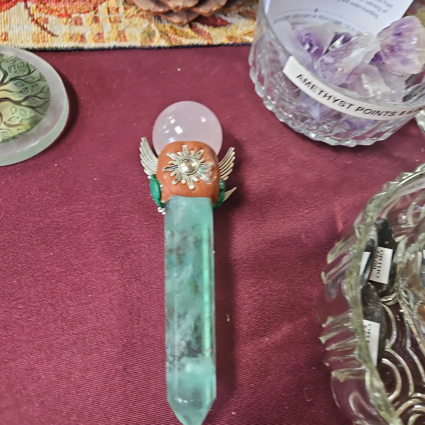 Handmade Natural Crystal Wand - Fluorite and Rose Quartz 6 1/2"