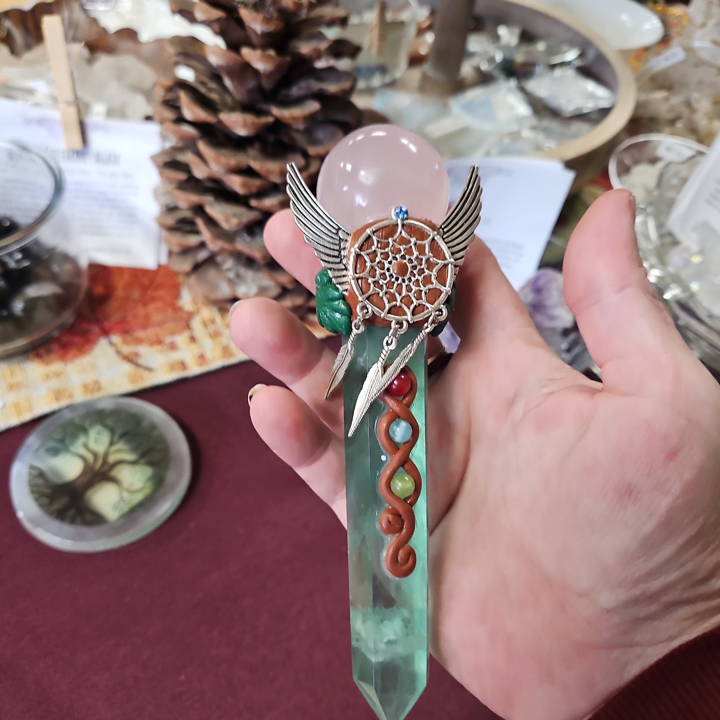 Handmade Natural Crystal Wand - Fluorite and Rose Quartz 6 1/2"