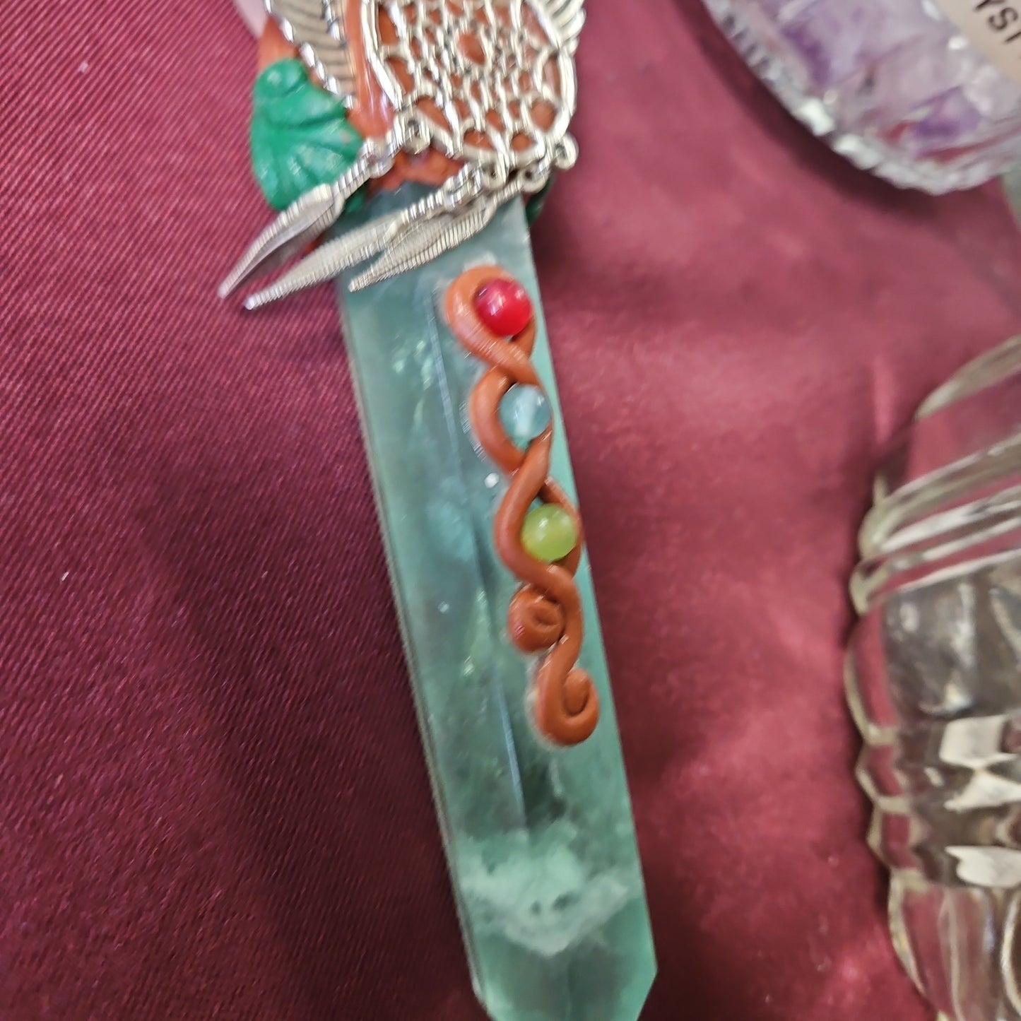 Handmade Natural Crystal Wand - Fluorite and Rose Quartz 6 1/2"