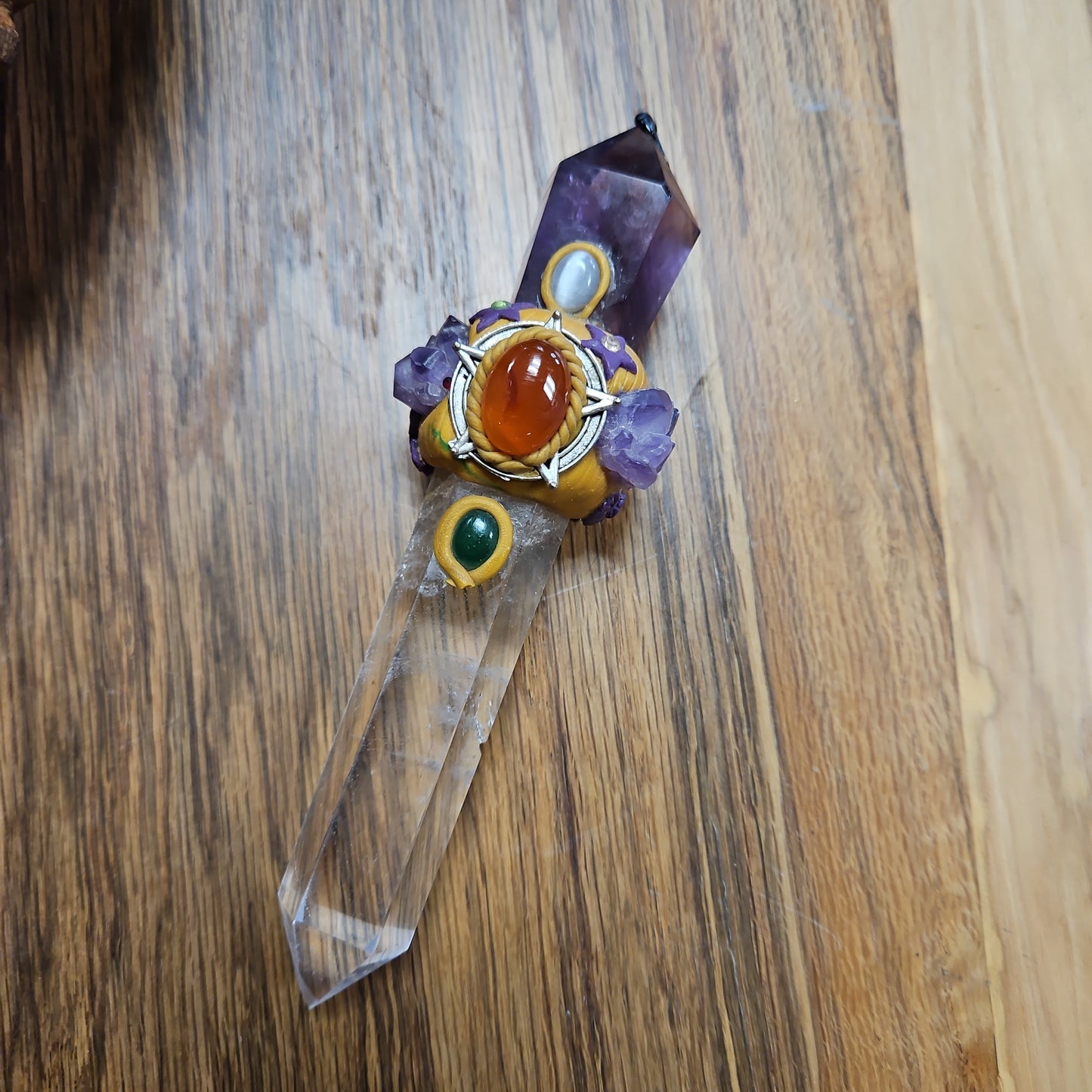 Handmade Natural Crystal Wand - Quartz and Smokey Amethyst 6 1/2"