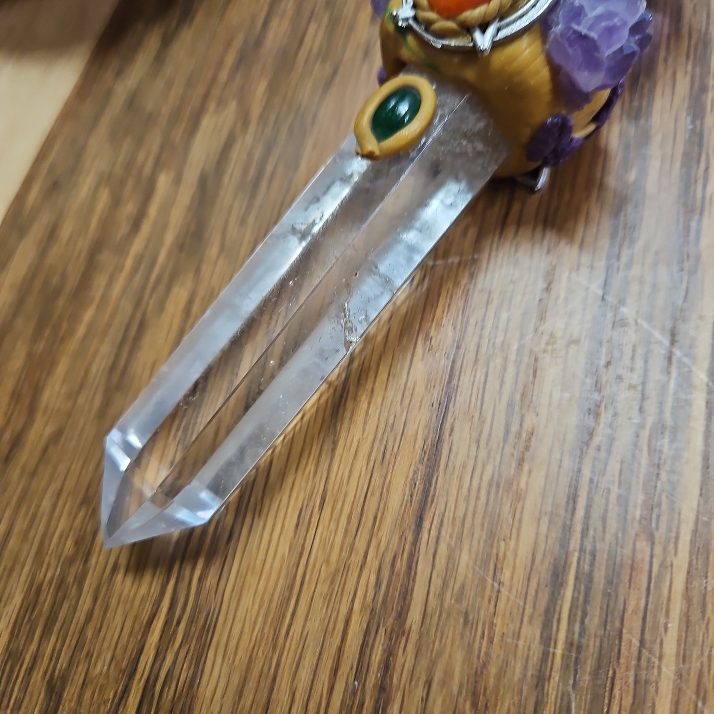 Handmade Natural Crystal Wand - Quartz and Smokey Amethyst 6 1/2"