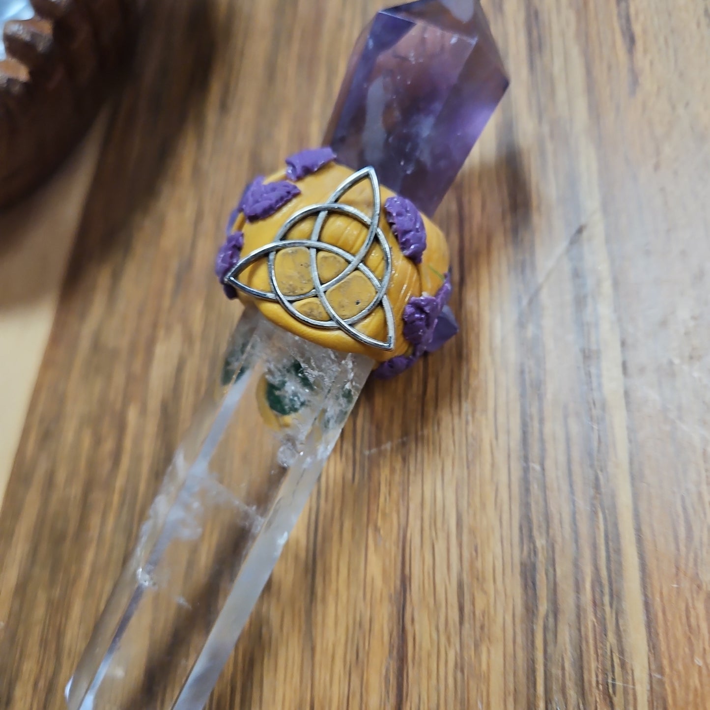 Handmade Natural Crystal Wand - Quartz and Smokey Amethyst 6 1/2"