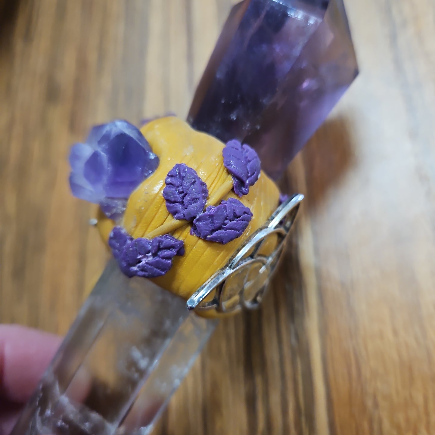 Handmade Natural Crystal Wand - Quartz and Smokey Amethyst 6 1/2"