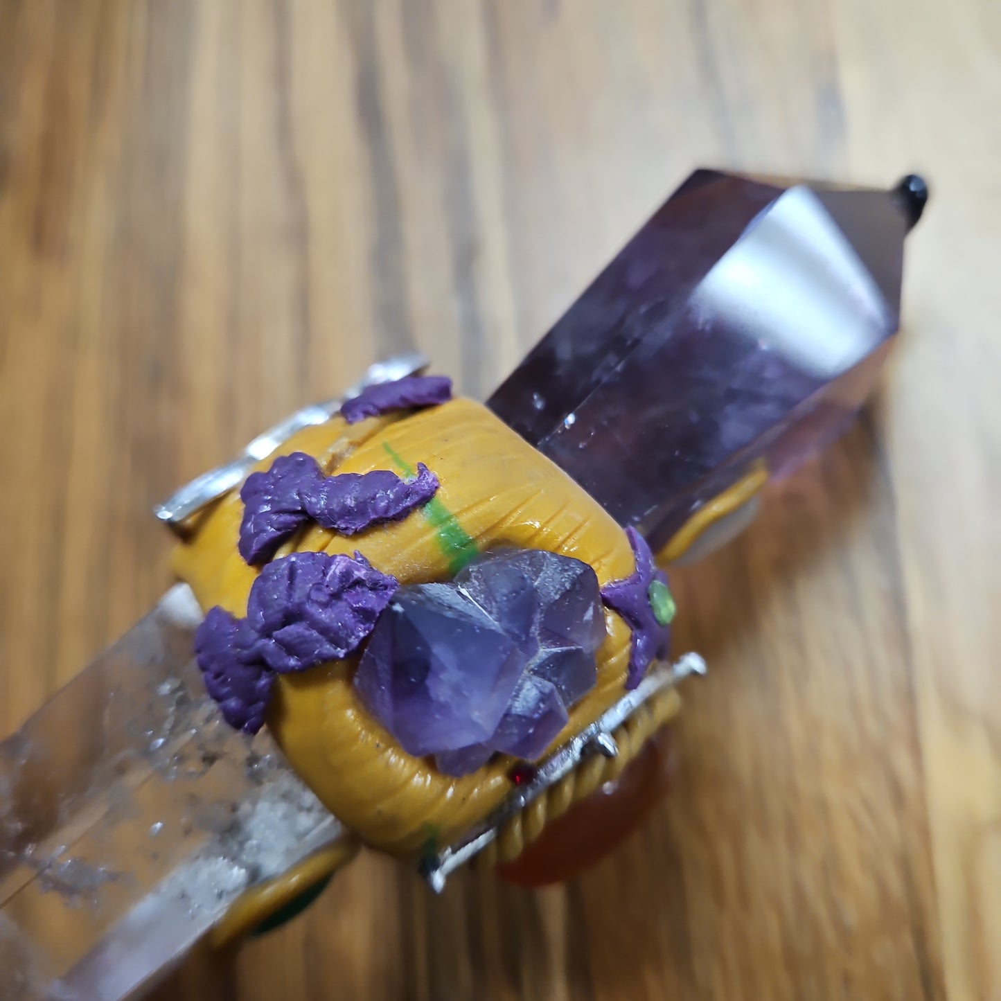 Handmade Natural Crystal Wand - Quartz and Smokey Amethyst 6 1/2"