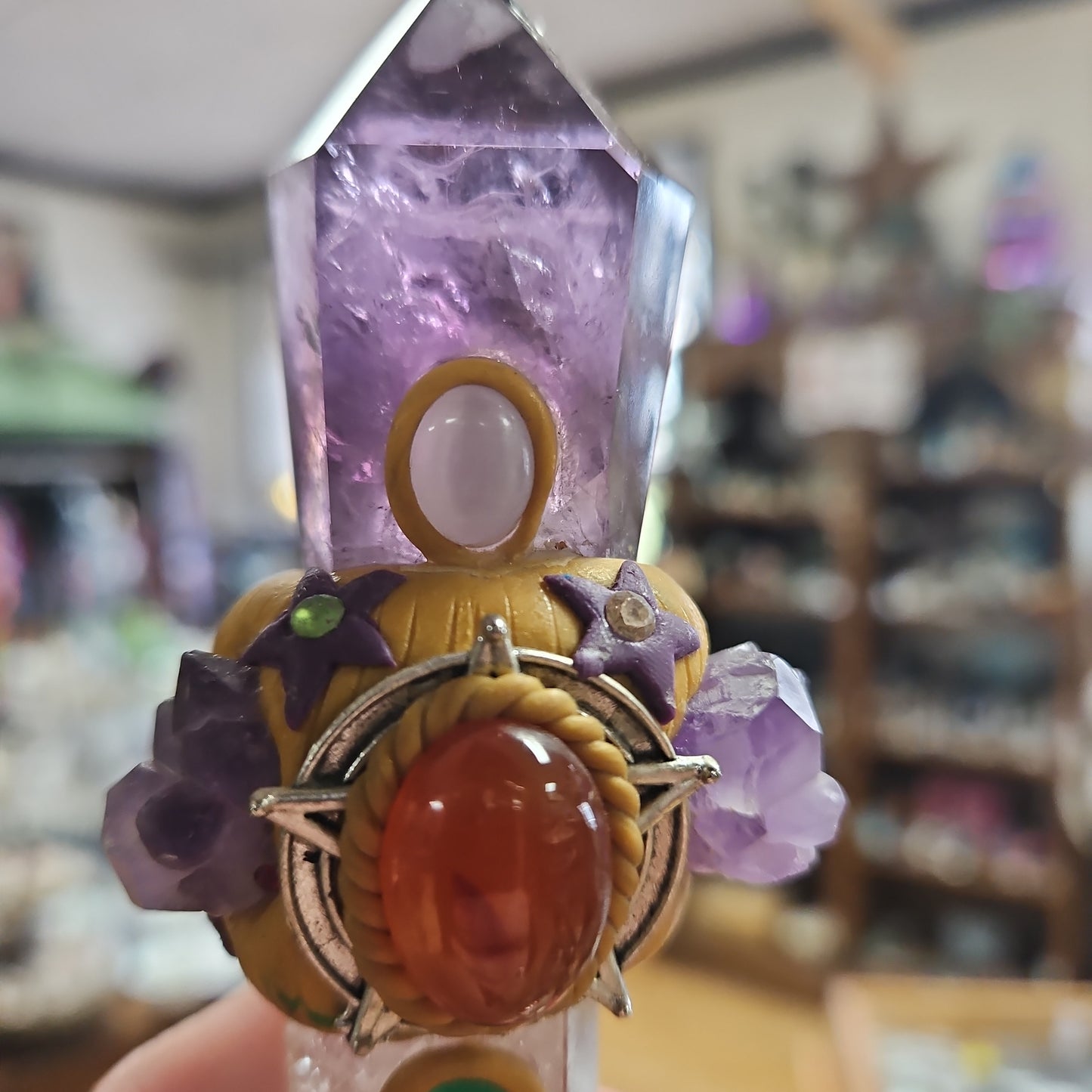 Handmade Natural Crystal Wand - Quartz and Smokey Amethyst 6 1/2"