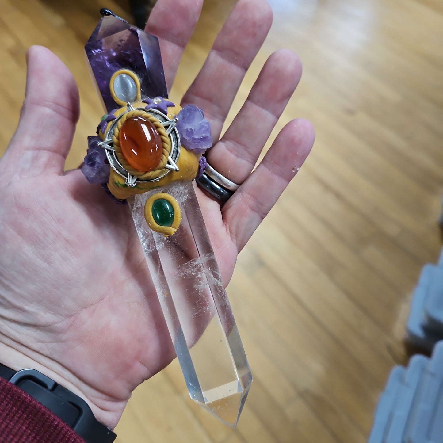 Handmade Natural Crystal Wand - Quartz and Smokey Amethyst 6 1/2"