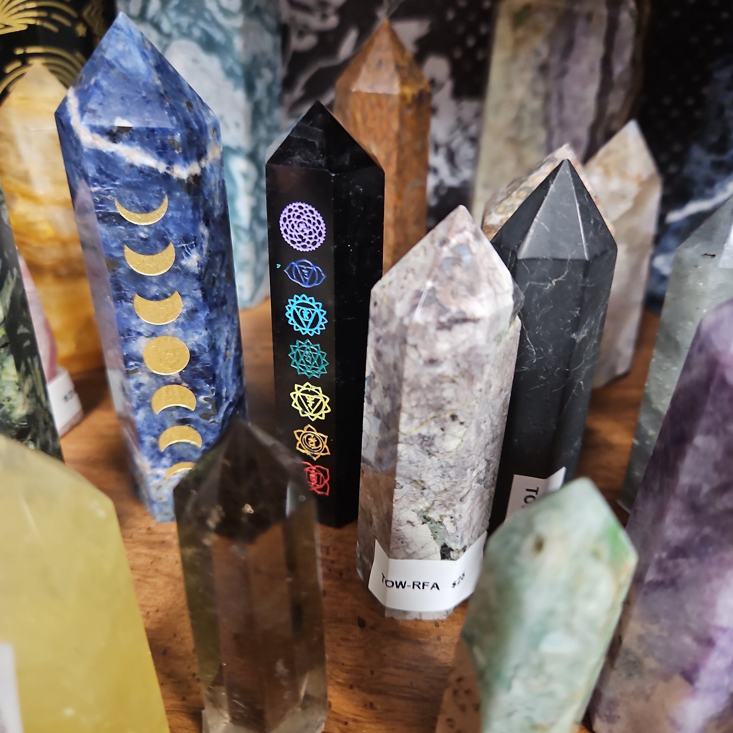 Black Obsidian Etched Colored Chakra Crystal Tower