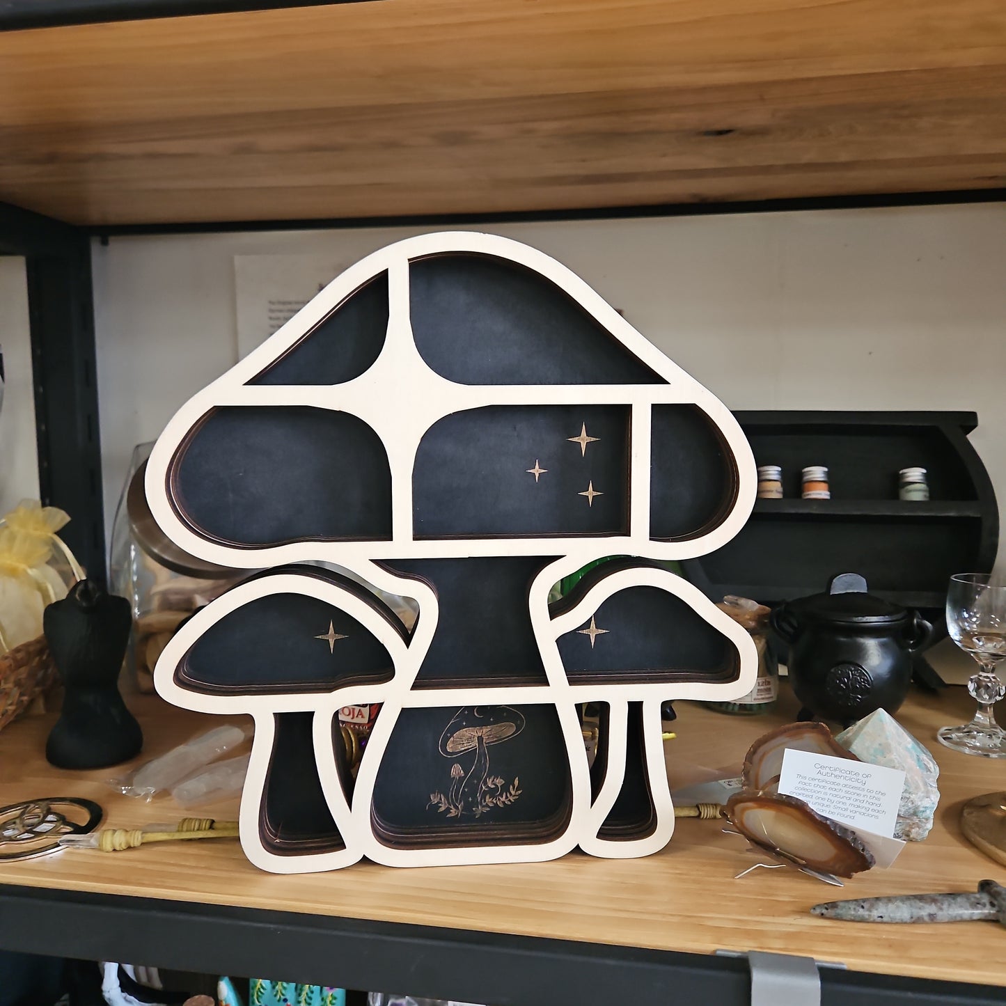 Mushroom Carved Wood Crystal Shelf / Display