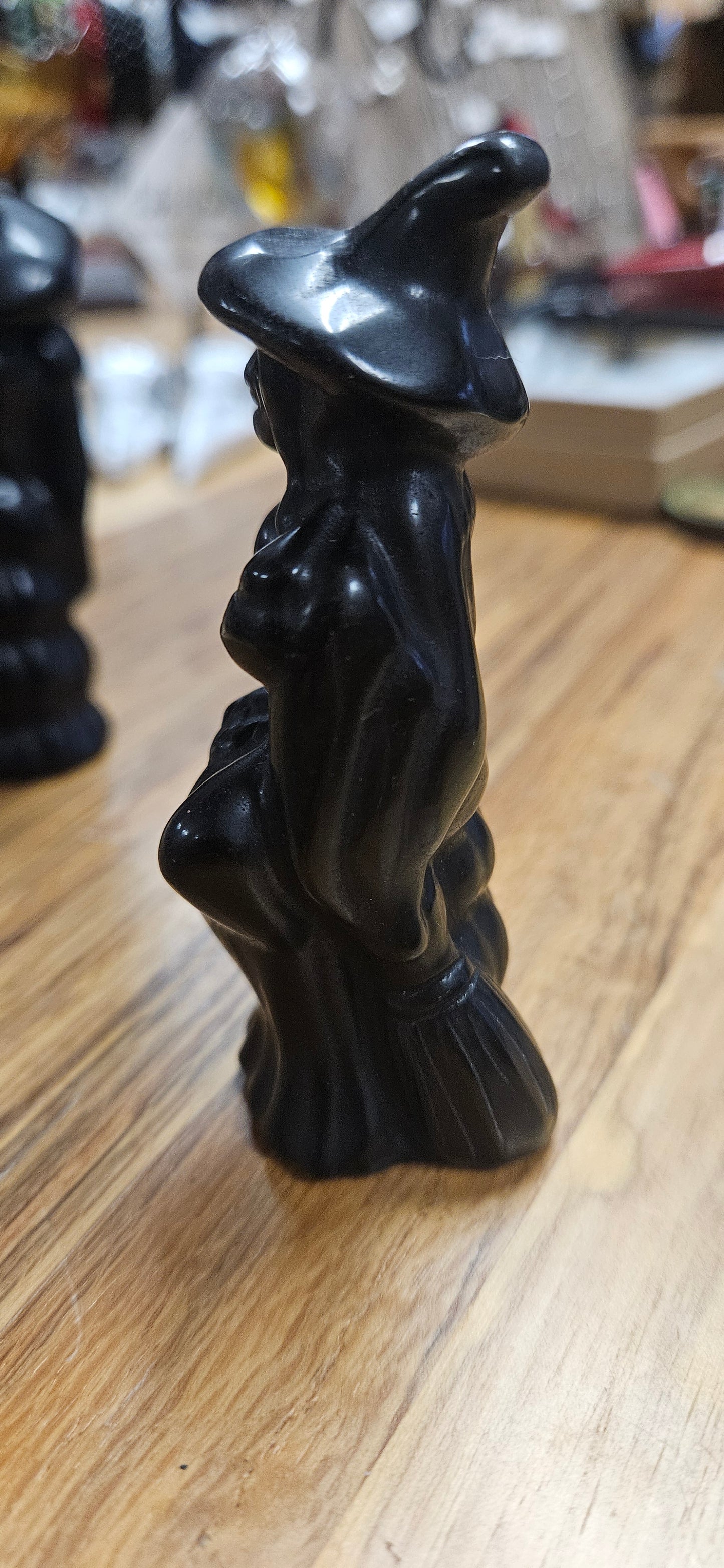 Obsidian Carved Witch on Broom 3 1/2"