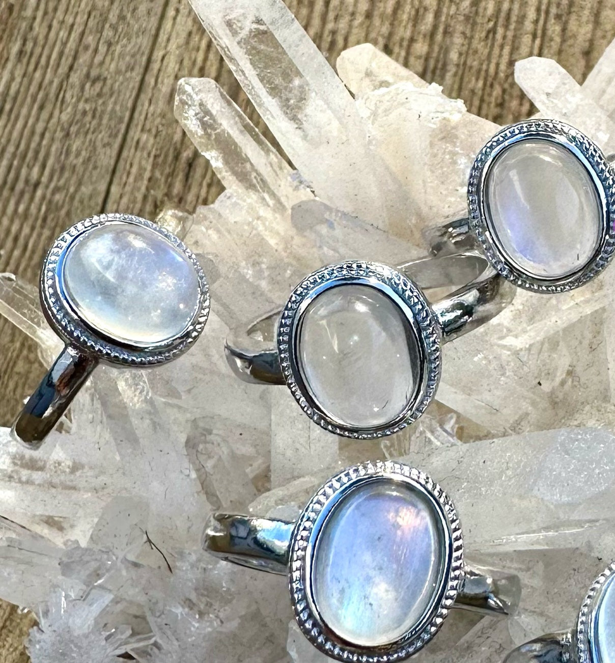 Rainbow Moonstone White Bronze Ring - Size 7