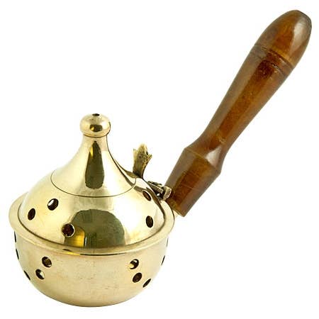 Brass Censer Burner with Wooden Handle - 6"L, 3"H