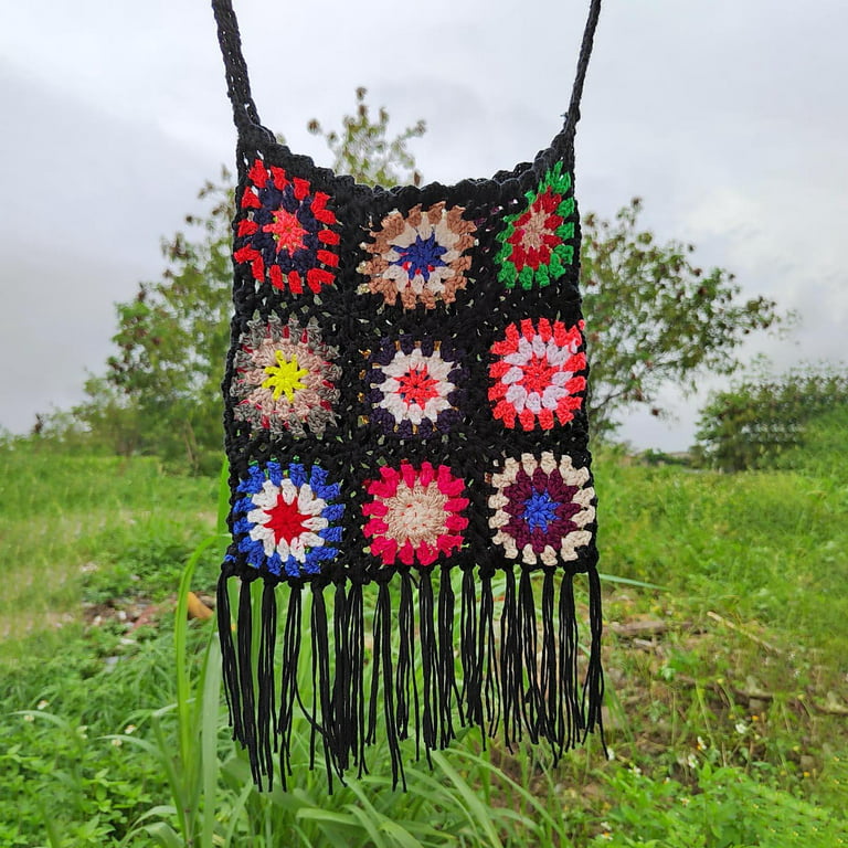 Black Crochet Boho Shoulder Bag Handbag Boho