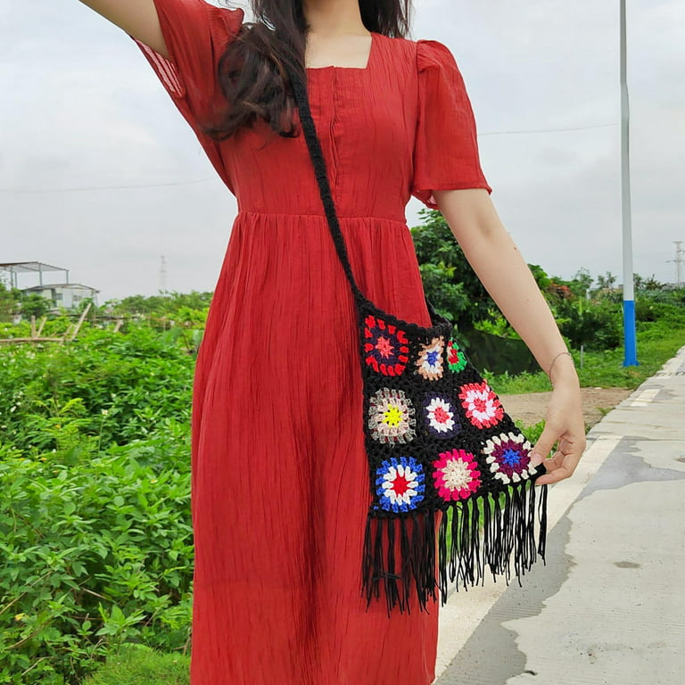 Black Crochet Boho Shoulder Bag Handbag Boho