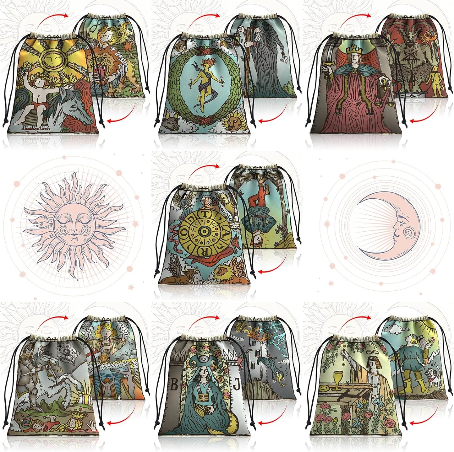 Drawstring Pouch Tarot Card Printed Bag 6” by 7”- Various