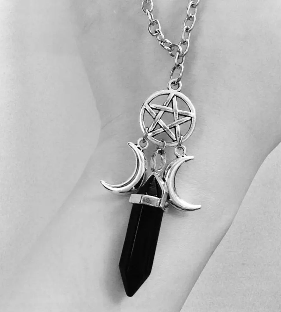 Obsidian Point with Pentacle and Two Moons Necklace