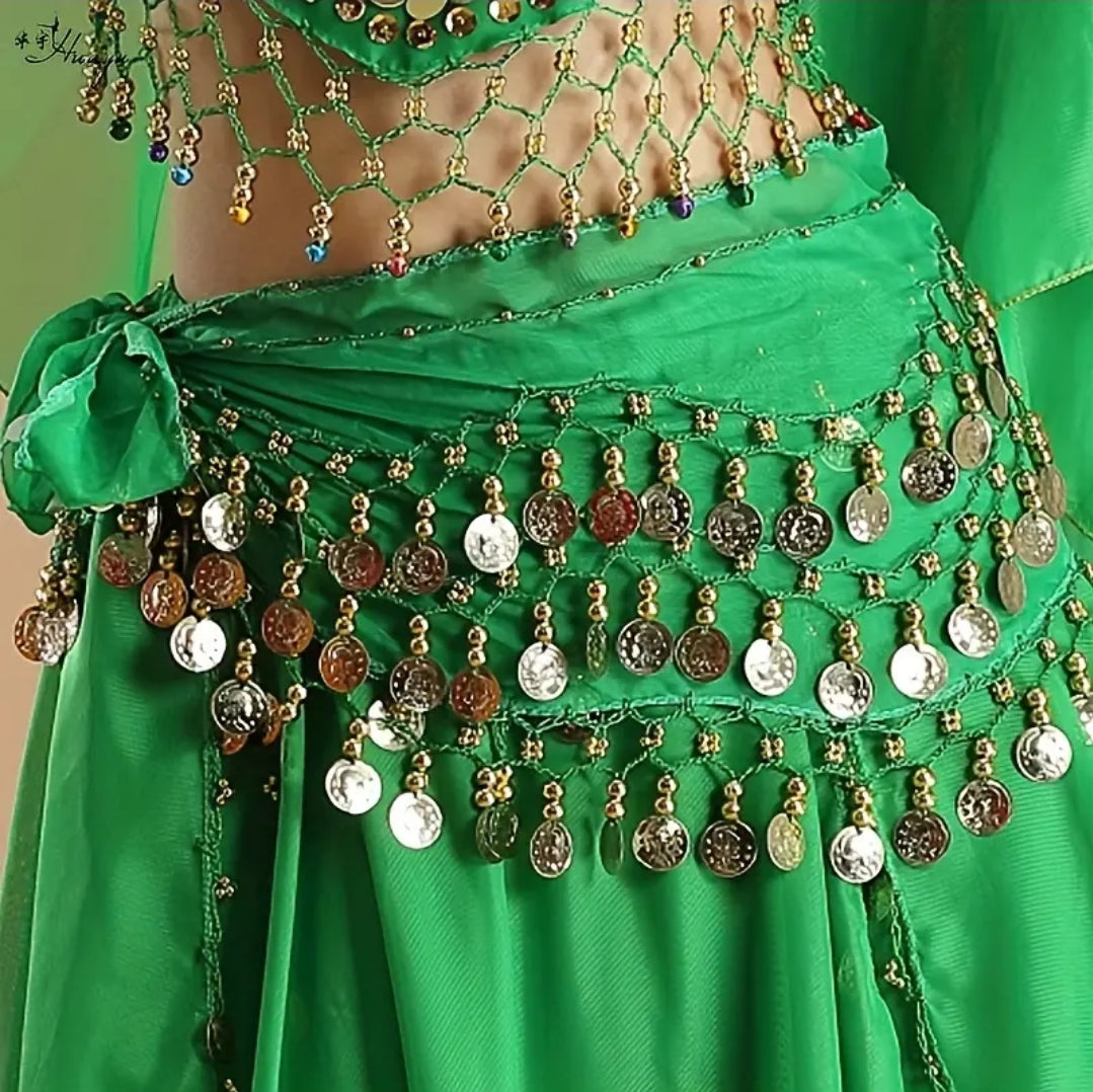 Belly Dance, Hip Scarf, Coin Skirt - Green Gold Coins