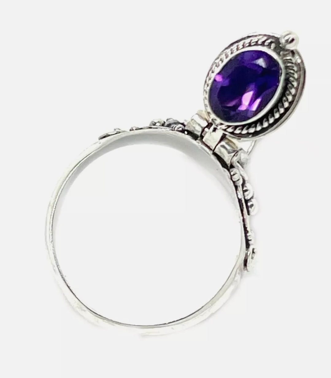 Poison Box Ring Oval Genuine Amethyst - Size 10 - Sterling Silver