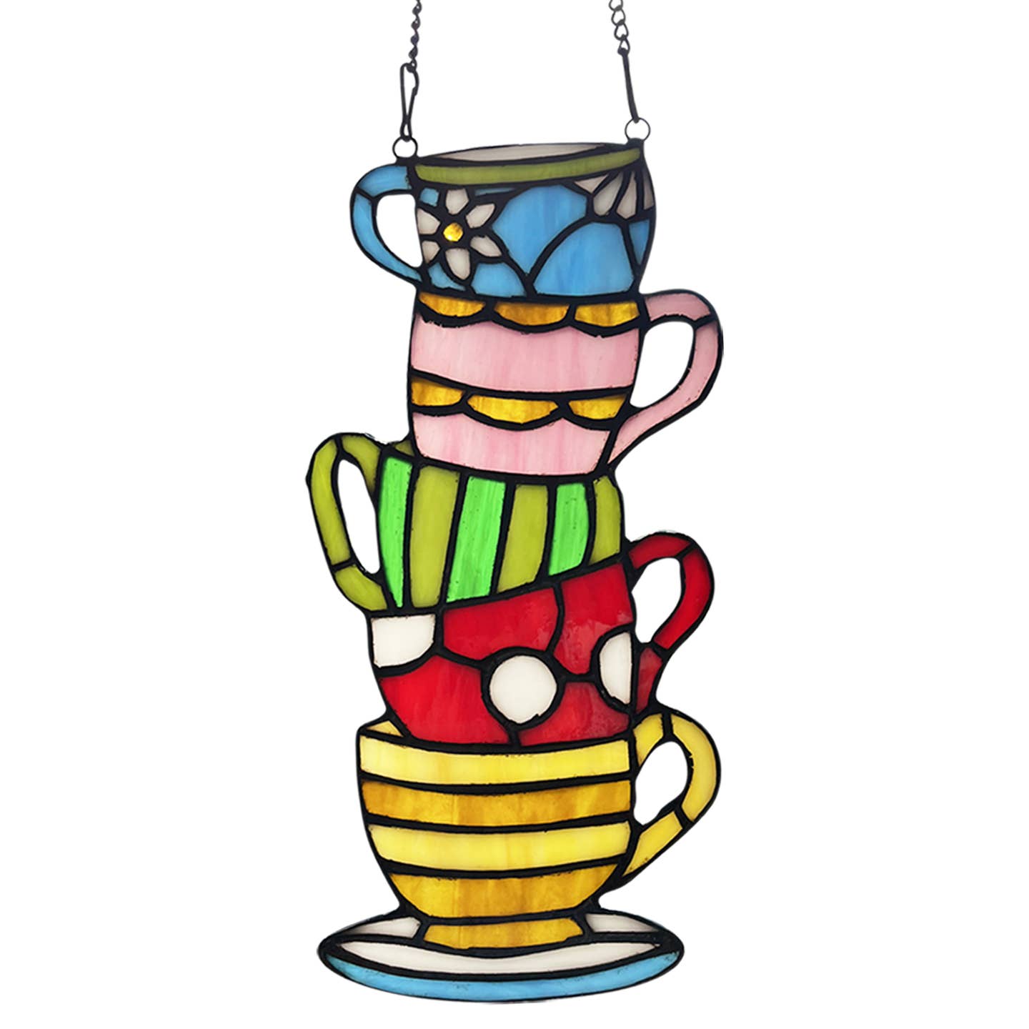 Colorful Stacked Teacups Stained Glass Window Panel 10 1/4 " H