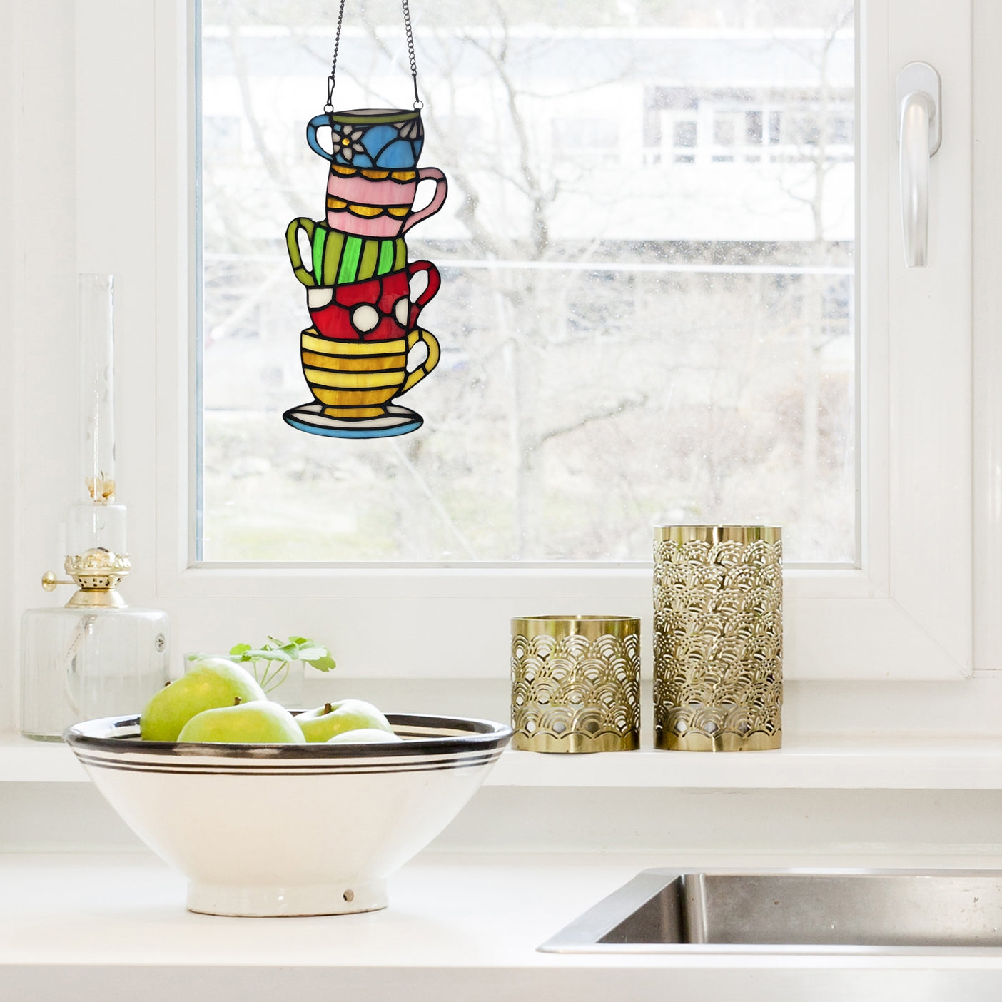 Colorful Stacked Teacups Stained Glass Window Panel 10 1/4 " H