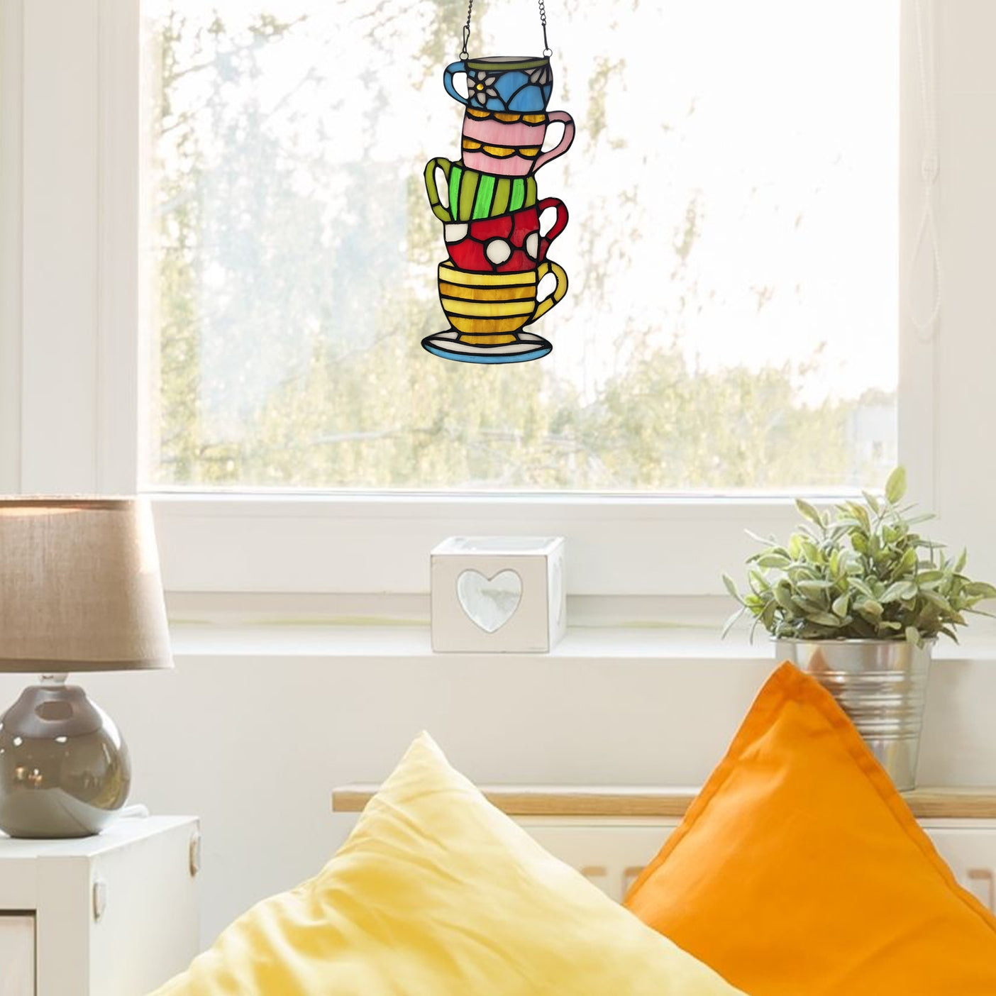 Colorful Stacked Teacups Stained Glass Window Panel 10 1/4 " H
