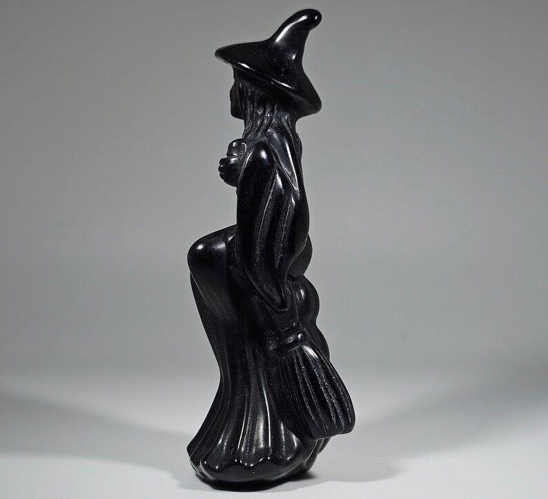 Obsidian Carved Witch on Broom 3 1/2"