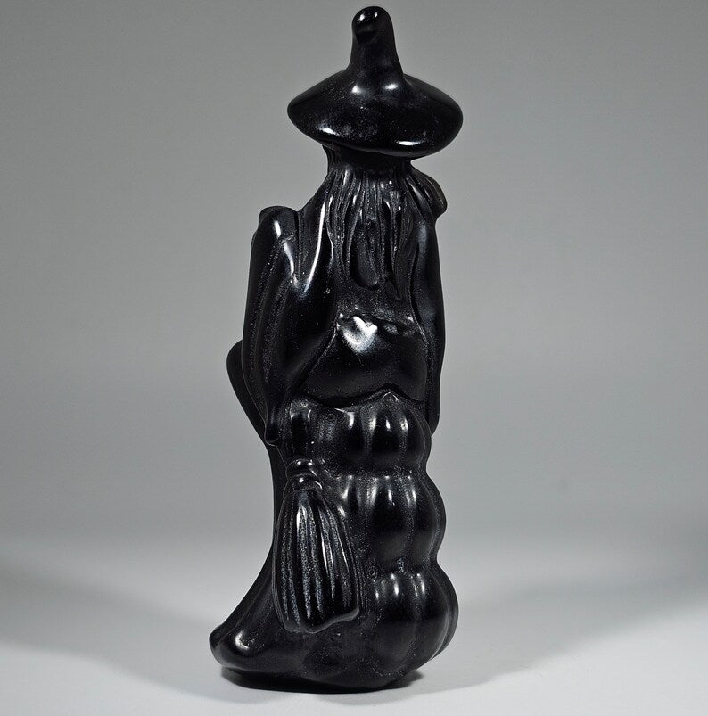 Obsidian Carved Witch on Broom 3 1/2"