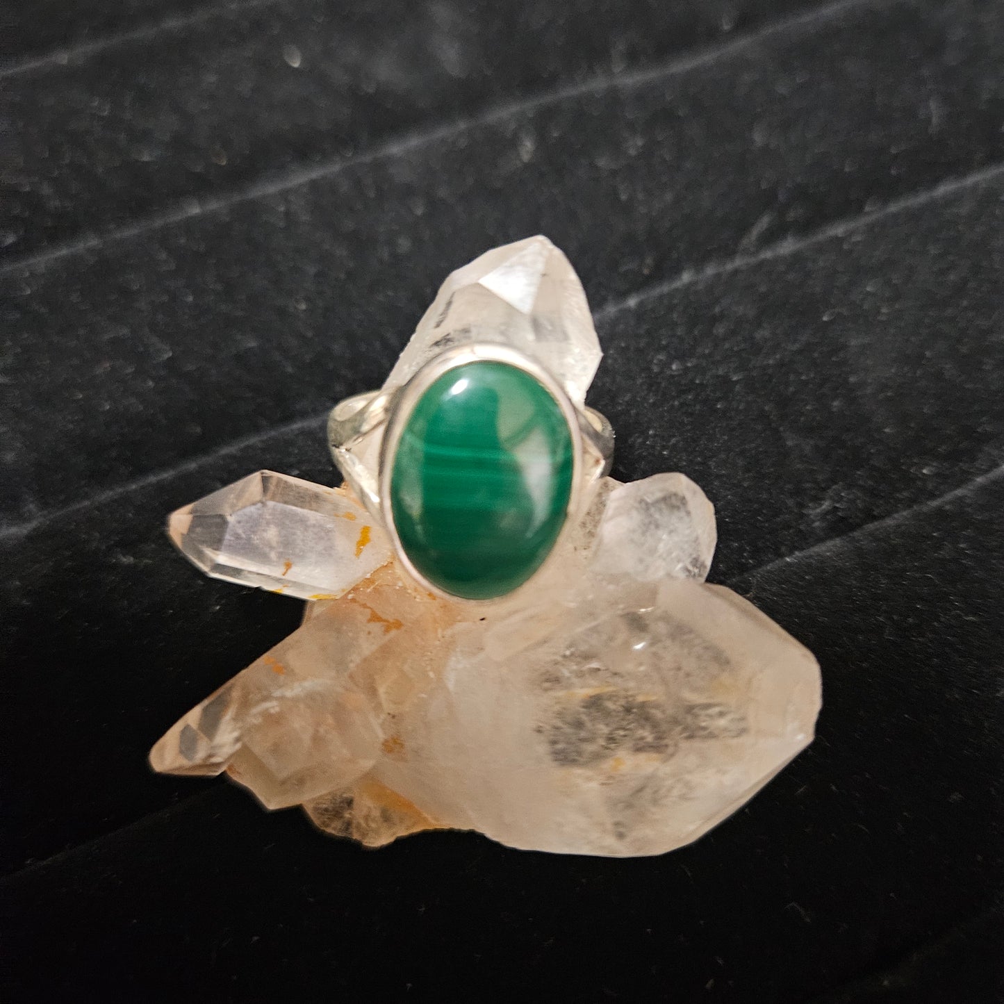 Sterling Silver Boho Oval Genuine Malachite Ring - Size 7