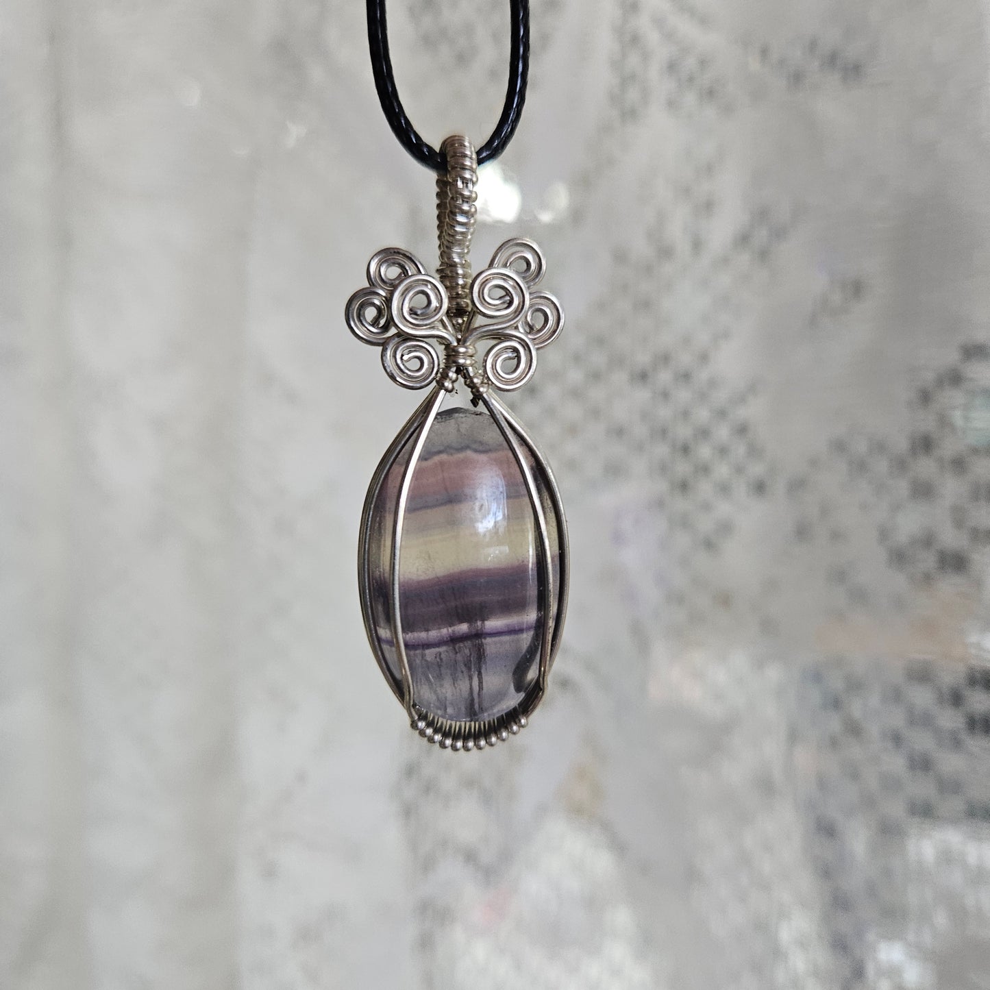 Sterling Silver Wire Wrap Rainbow Flourite Oval - Benefits Save the Strays Schuylkill
