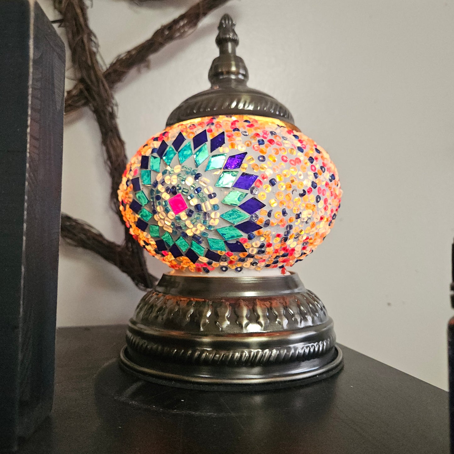 Turkish Short Style Desk Lamp, Handmade Medium Globe - Colorful Flower