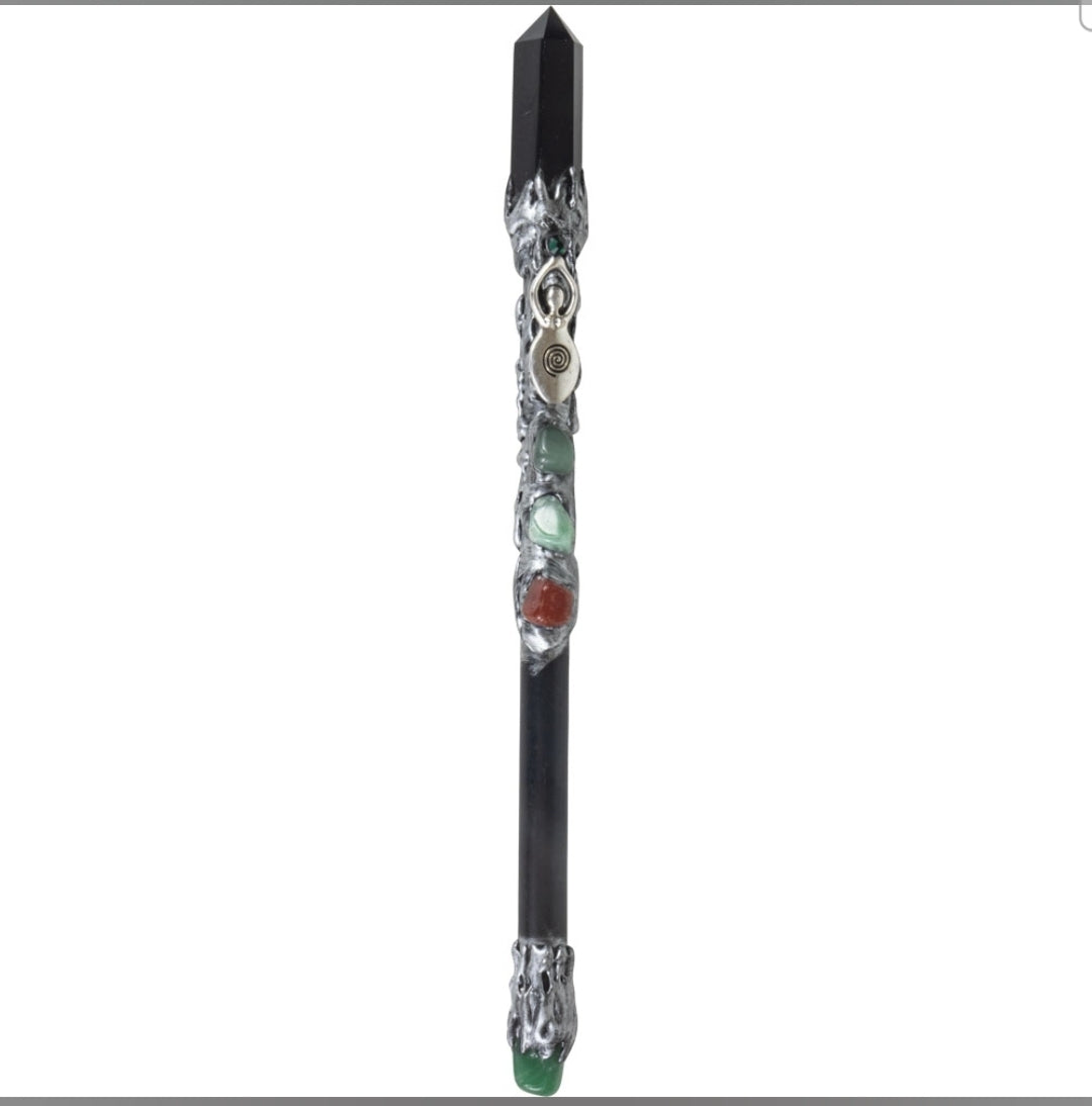 Magik Wand - Black Obsidian Point w/ Silver Spiral Goddess