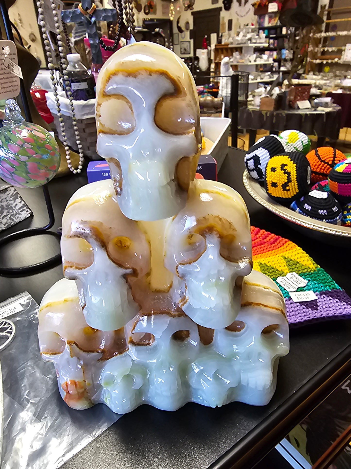 Carved Green Onyx Stacked Skulls ( Eight Skulls ) 8 1/2" 6.1 lbs - Rare Find - Collector Peice