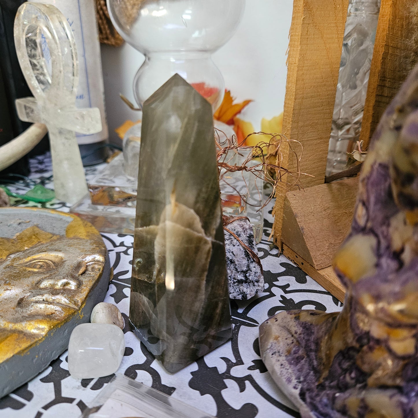 Green / White Aragonite Obelisk 4 1/4"