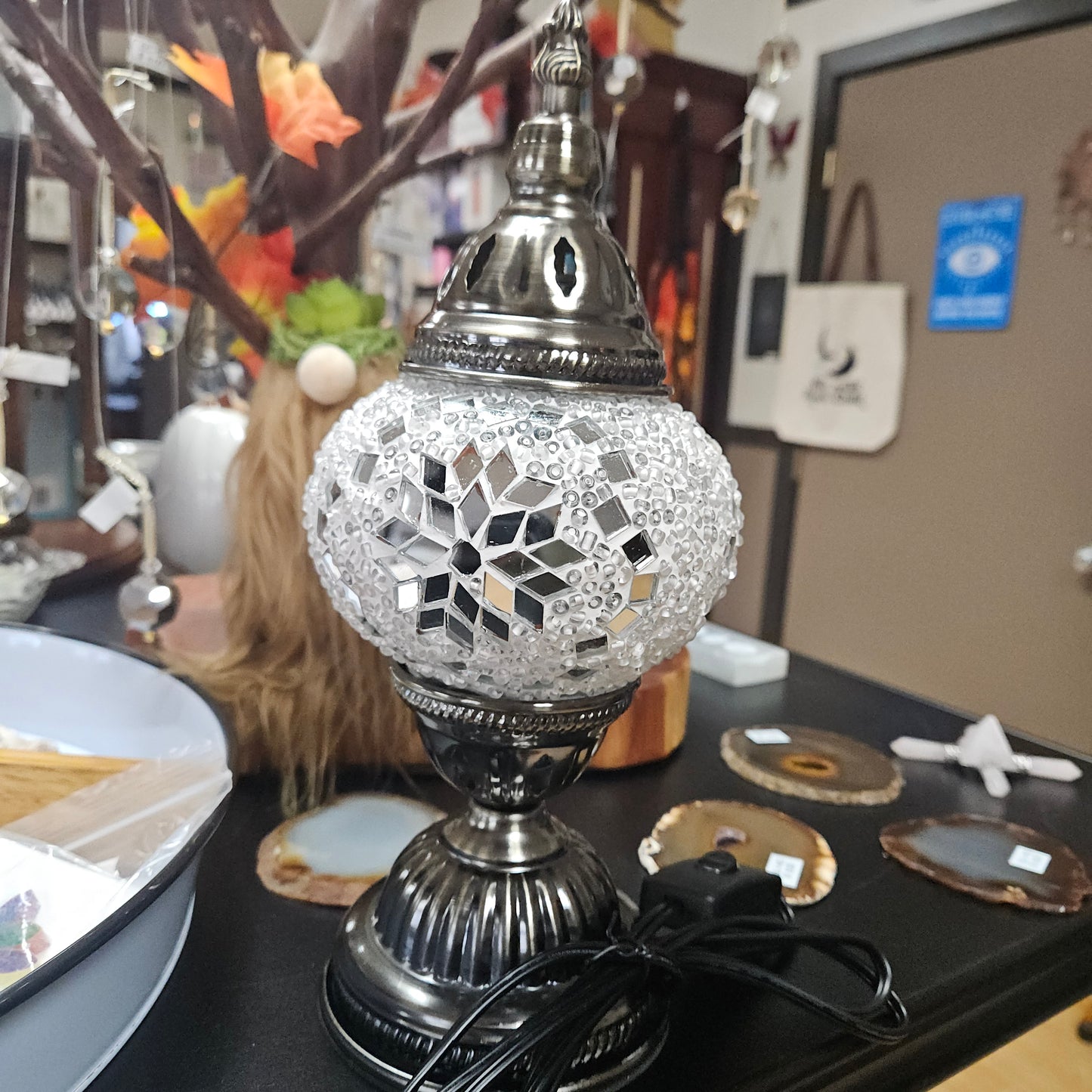 Turkish Style Desk Lamp, Handmade Globe - White &,Silver Flower