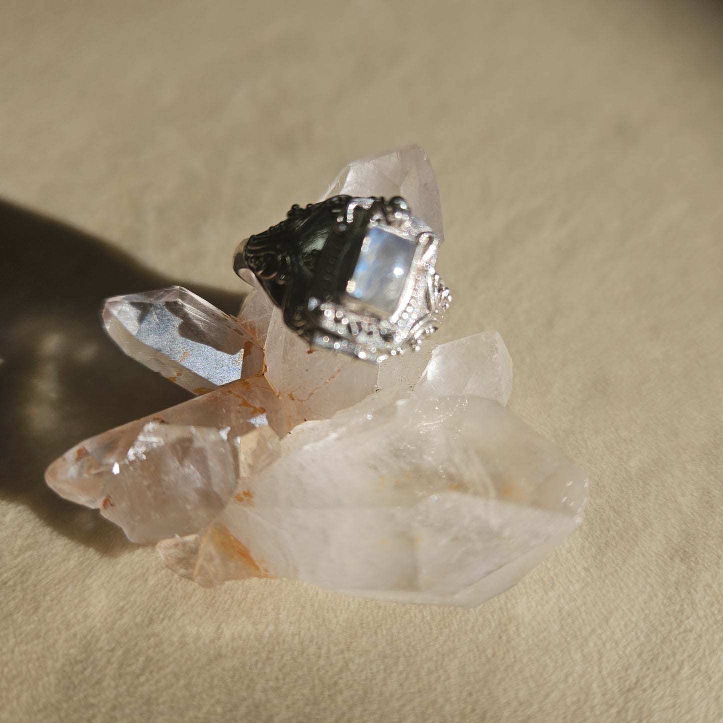 Poison Box Ring Moonstone Square - Sterling Silver 925 Size 7 1/2