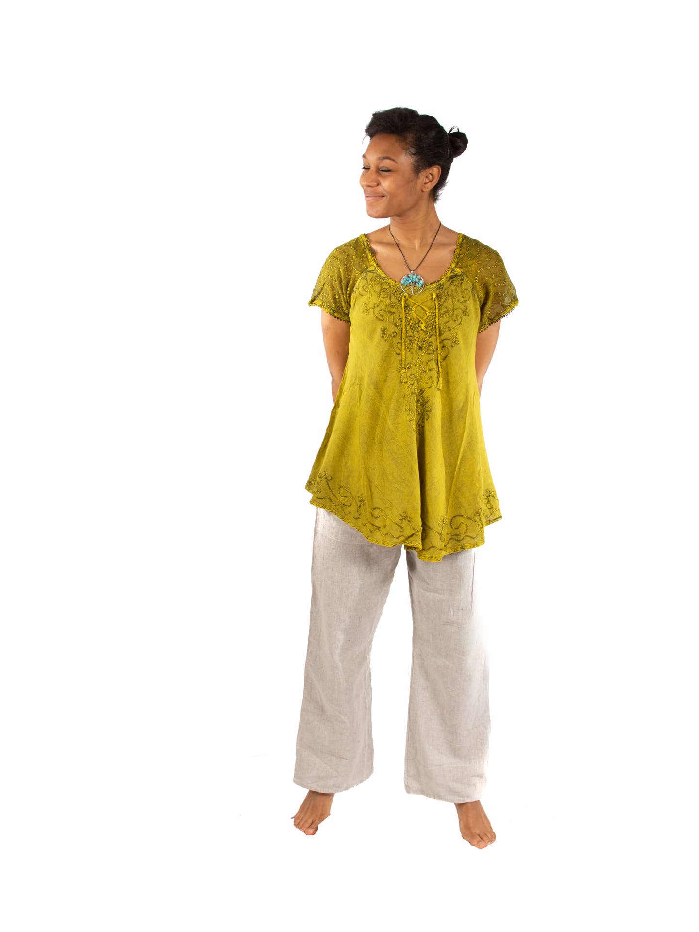 Acidwash Sleeve Top with Drawstrings